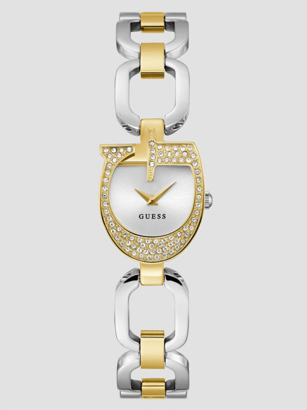Montre femme GUESS GW0683L6 bicolore or et argent avec boîtier en forme de G et cristaux.