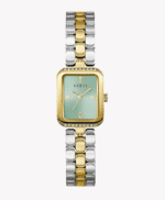 Montre femme GUESS Isla GW0865L4 bicolore avec boîtier rectangulaire, cristaux et cadran vert mint.