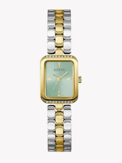 Montre femme GUESS Isla GW0865L4 bicolore avec boîtier rectangulaire, cristaux et cadran vert mint.