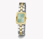 Vue détaillée du bracelet bicolore or et argent et du cadran vert de la montre GUESS Isla GW0865L4.