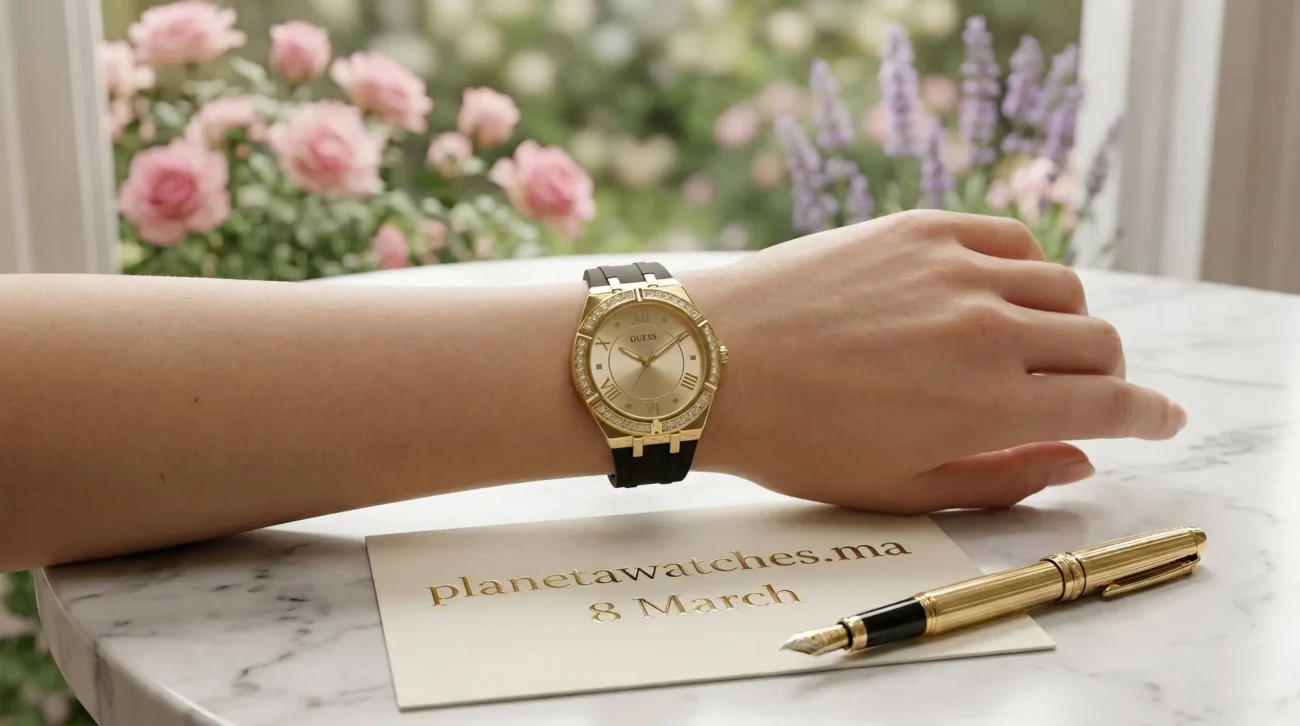 Offre spéciale 8 Mars Journée de la Femme : montre Guess or et noir avec bracelet silicone chez Planetawatches Maroc.