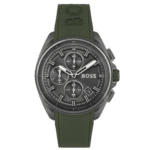 Montre Hugo Boss Volane 1513952 vue face cadran gris index verts chronographe date pour homme au Maroc.