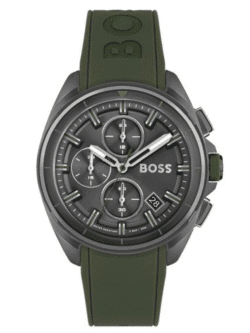 Montre Hugo Boss Volane 1513952 vue face cadran gris index verts chronographe date pour homme au Maroc.