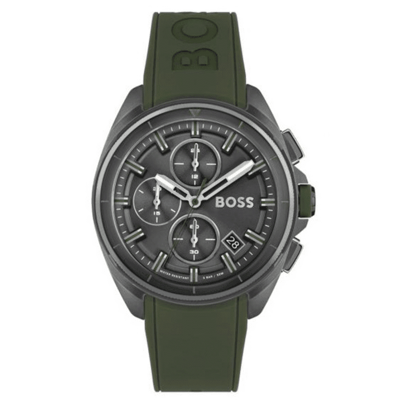 Montre Hugo Boss Volane 1513952 vue face cadran gris index verts chronographe date pour homme au Maroc.
