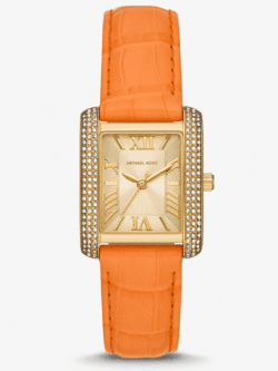 Montre Michael Kors Emery MK2983 orange gold-tone champagne dial pave crystals rectangular watch for women in Morocco.