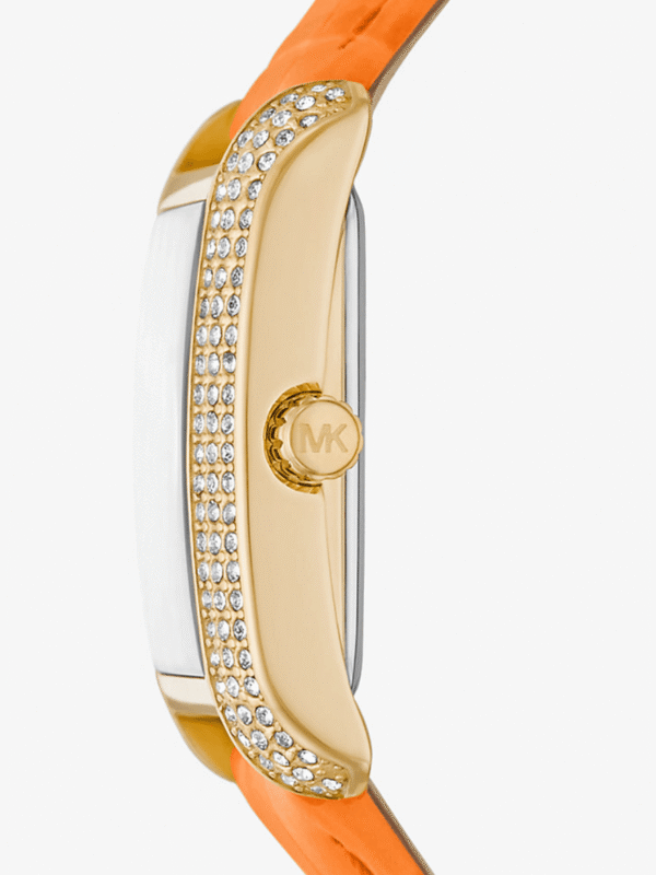 Michael Kors Emery MK2983 gold pave crystal bezel side profile orange leather strap for women in Morocco.