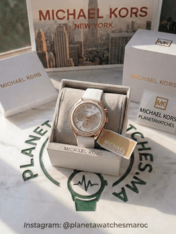Montre Michael Kors Jessa MK6945 or rose et blanc avec coffret officiel pour femme au Maroc.