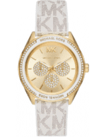 Montre Michael Kors Jessa MK7204 dorée avec bracelet cuir logo blanc pour femme au Maroc.