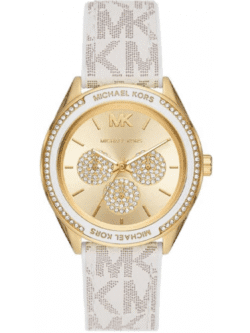 Montre Michael Kors Jessa MK7204 dorée avec bracelet cuir logo blanc pour femme au Maroc.