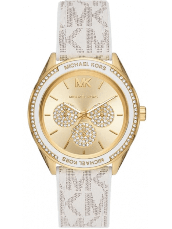 Montre Michael Kors Jessa MK7204 dorée avec bracelet cuir logo blanc pour femme au Maroc.
