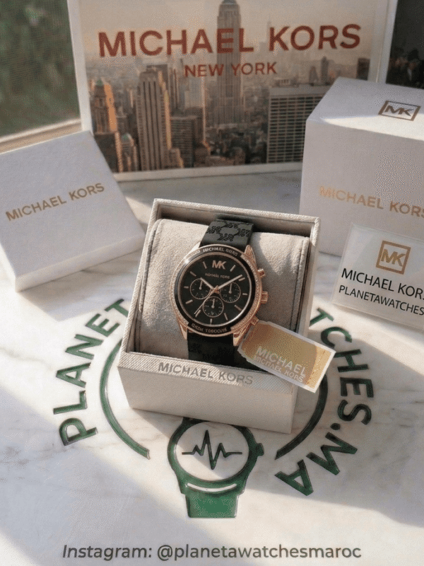 Montre Michael Kors Jessa MK7266 bicolore or et argent avec bracelet silicone logo noir pour femme au Maroc.