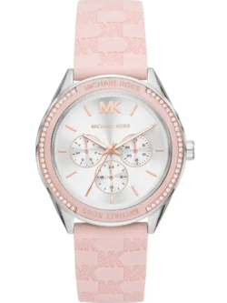 Montre Michael Kors Jessa MK7268 argentée avec bracelet silicone logo rose pour femme au Maroc.