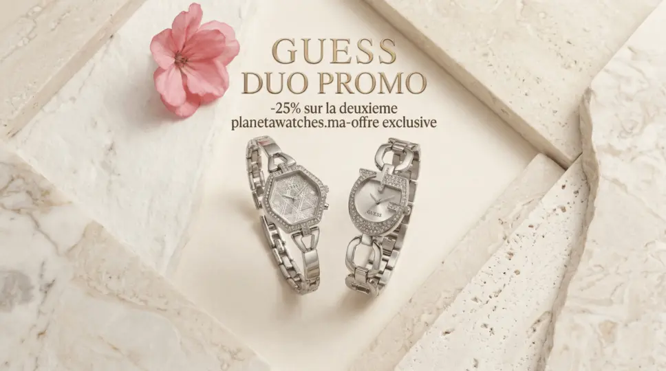 Cadeau Fête des Mères montre argentée Guess duo élégant serti de cristaux pour femme au Maroc