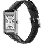 Montre Emporio Armani AR11623 femme vue de profil avec boîtier 32 mm et bracelet cuir noir.