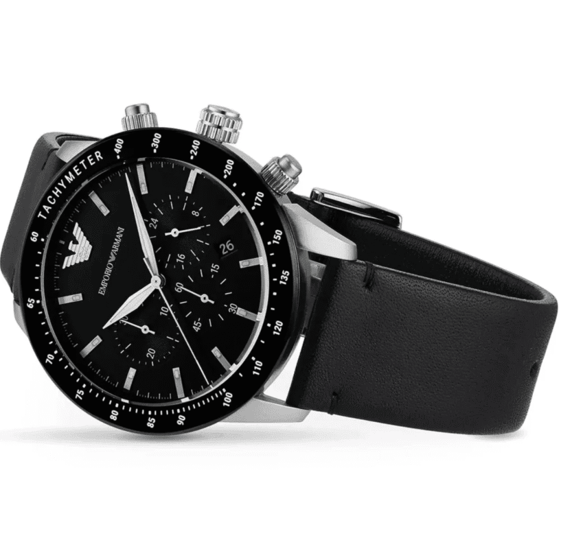 Montre Emporio Armani AR11243 chronographe noir vue angle bracelet cuir Maroc