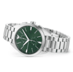 Montre Emporio Armani AR11480 vue angle bracelet acier argenté chronographe vert