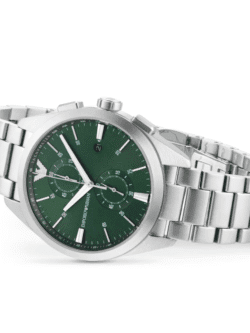 Montre Emporio Armani AR11480 vue angle bracelet acier argenté chronographe vert