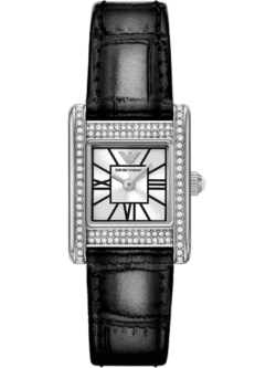Montre Emporio Armani AR11660 femme 20 mm cadran argent bracelet cuir noir.