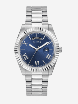 montre guess day date watch gw0265g7 bleu argent vue de face cadran bleu