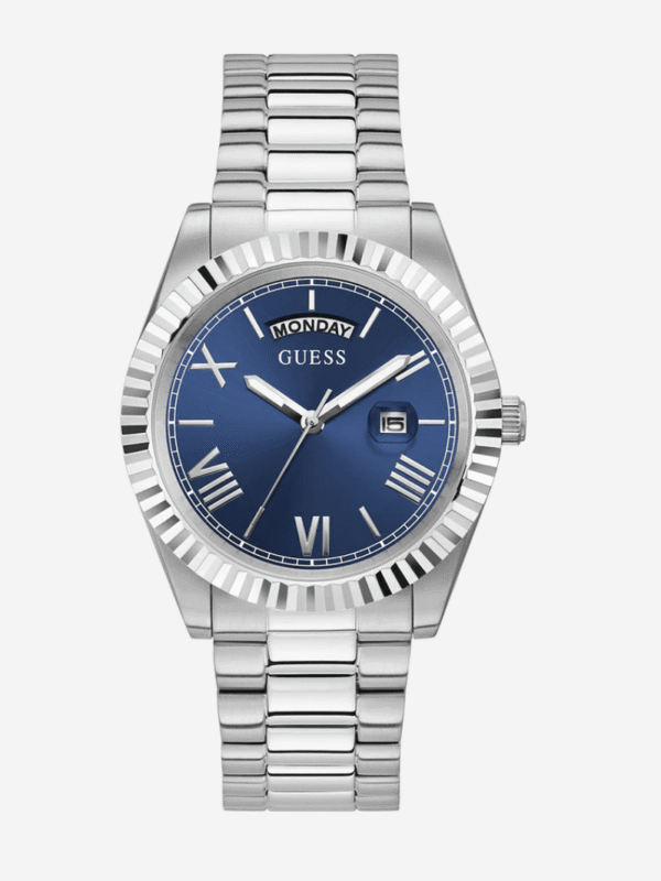 montre guess day date watch gw0265g7 bleu argent vue de face cadran bleu