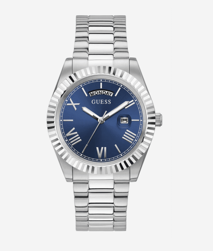 montre guess day date watch gw0265g7 bleu argent vue de face cadran bleu