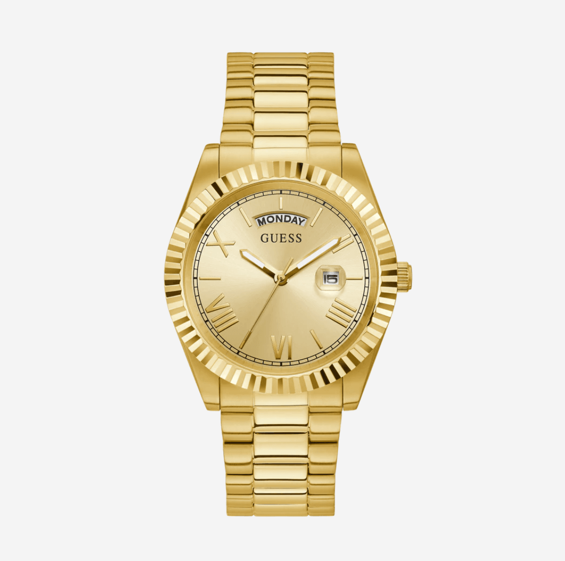 montre-homme-guess-gw0265g2-face montre guess day date watch gw0265g2 watch gold tone vue de face