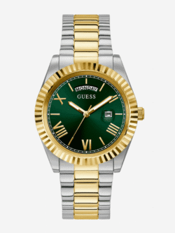 montre guess day date watch gw0265g8 cadran vert lunette cannelée dorée