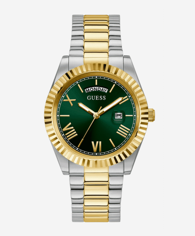 montre guess day date watch gw0265g8 cadran vert lunette cannelée dorée