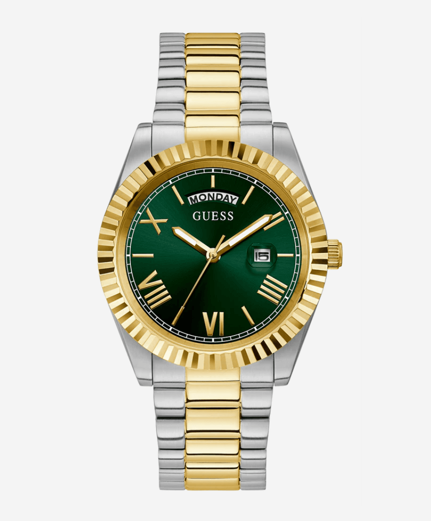 montre-homme-guess-gw0265g8-face montre guess day date watch gw0265g8 cadran vert lunette cannelée dorée