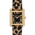Montre Michael Kors Emery MK7387 femme dorée cadran noir cristaux bracelet léopard