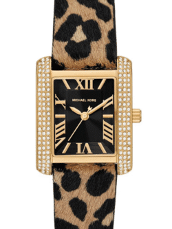 Montre Michael Kors Emery MK7387 femme dorée cadran noir cristaux bracelet léopard