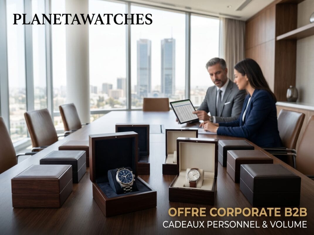Montre cadeau entreprise Maroc avec des modèles de luxe en acier et cuir pour homme et femme, présentés lors d'une réunion B2B à Casablanca.