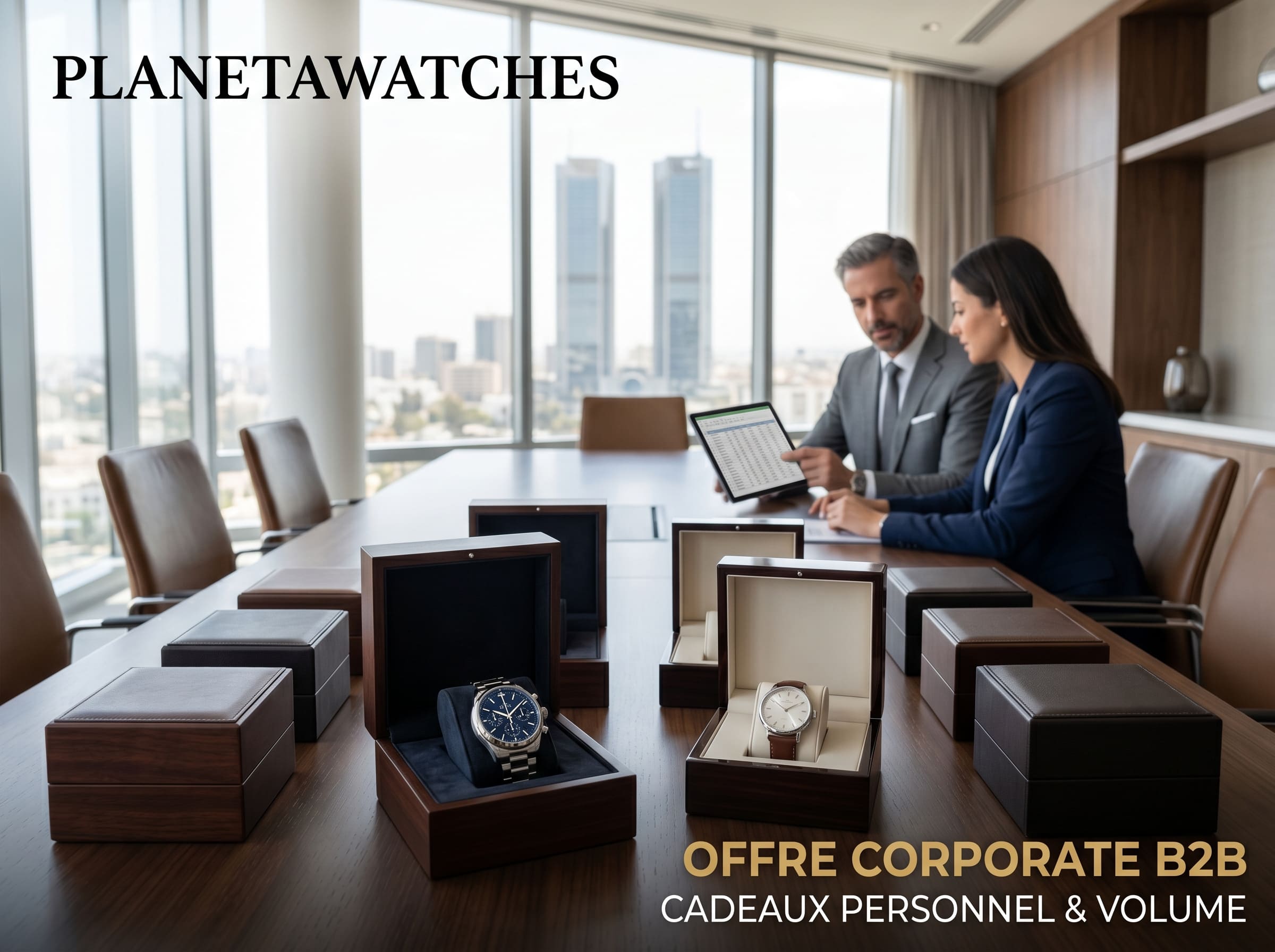 Guide B2B : Pourquoi Offrir une Montre Cadeau Entreprise au Maroc ? Montre cadeau entreprise Maroc avec des modèles de luxe en acier et cuir pour homme et femme, présentés lors d'une réunion B2B à Casablanca.