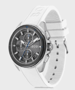 Montre Hugo Boss Volane 1513948 chronographe homme cadran gris bracelet silicone blanc vue de profil.