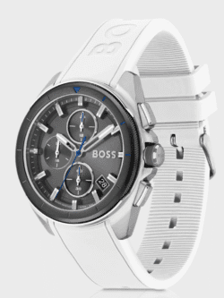 Montre Hugo Boss Volane 1513948 chronographe homme cadran gris bracelet silicone blanc vue de profil.