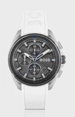 Montre Hugo Boss Volane 1513948 chronographe homme vue de face cadran gris anthracite bracelet blanc.
