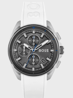 Montre Hugo Boss Volane 1513948 chronographe homme vue de face cadran gris anthracite bracelet blanc.