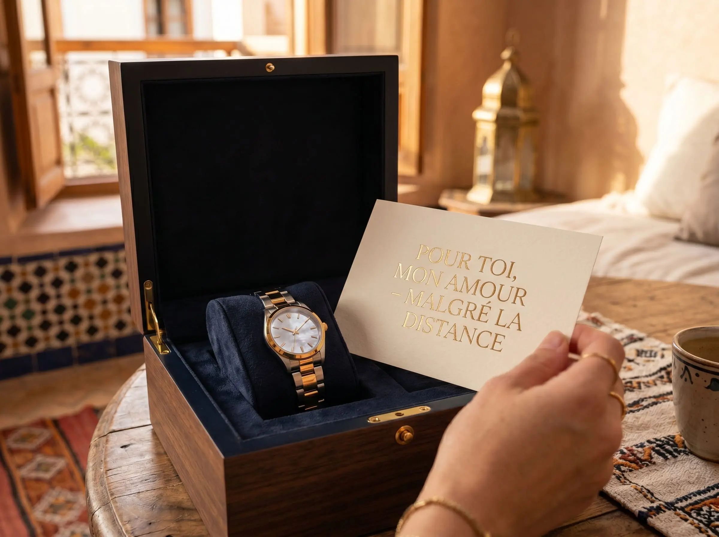 L'Amour à Distance : Offrir une Montre Cadeau au Maroc Un coffret cadeau Planetawatches ouvert dans un Riad marocain à la golden hour, contenant une montre pour femme gold et steel et une carte personnalisée avec le texte : 'POUR TOI, MON AMOUR - MALGRÉ LA DISTANCE'. Un cadeau parfait pour combler la distance. montre cadeau distance maroc