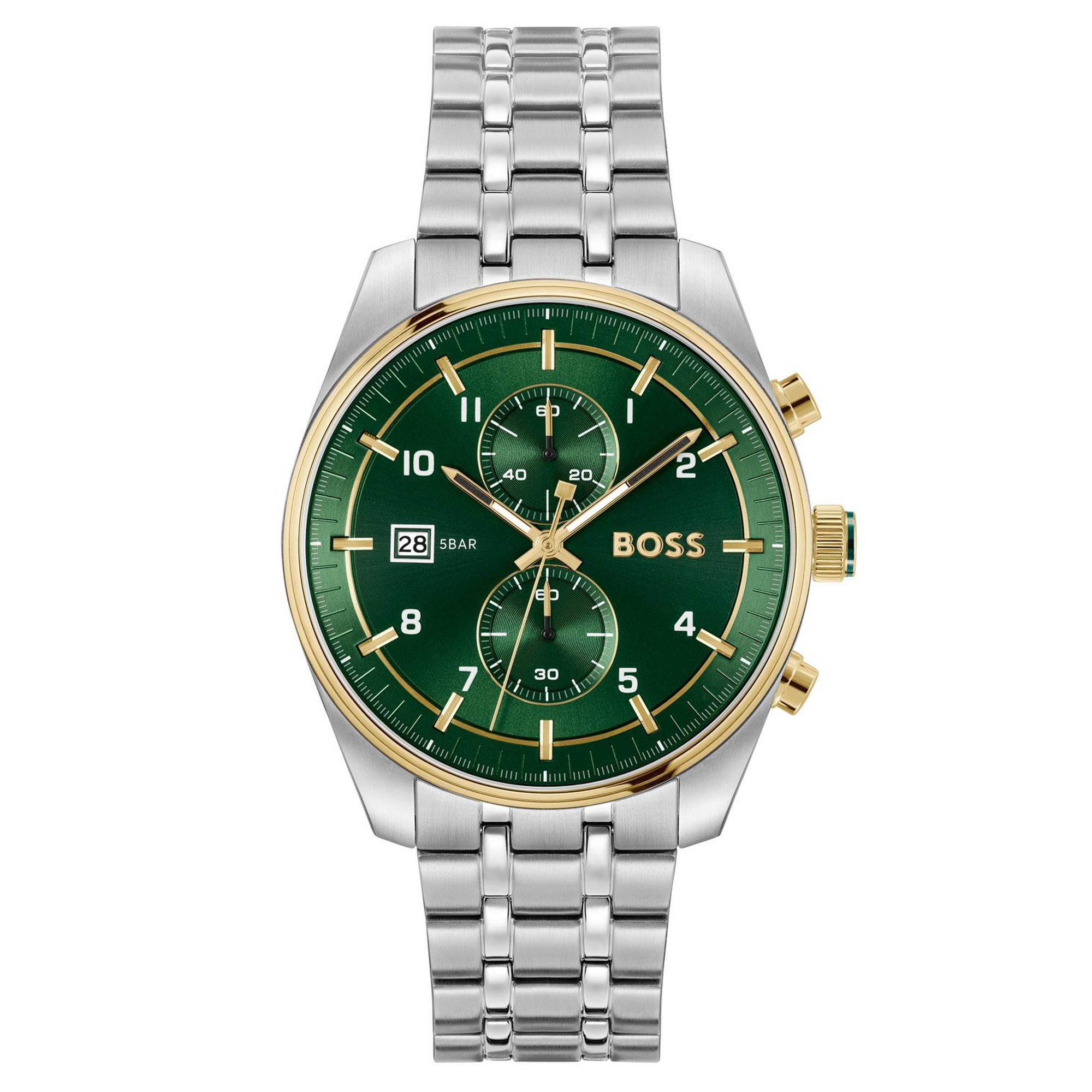 montre-hugo-boss-1514195-acier-vert-maroc Montre Hugo Boss 1514195 cadran vert émeraude et chronographe pour homme au Maroc.