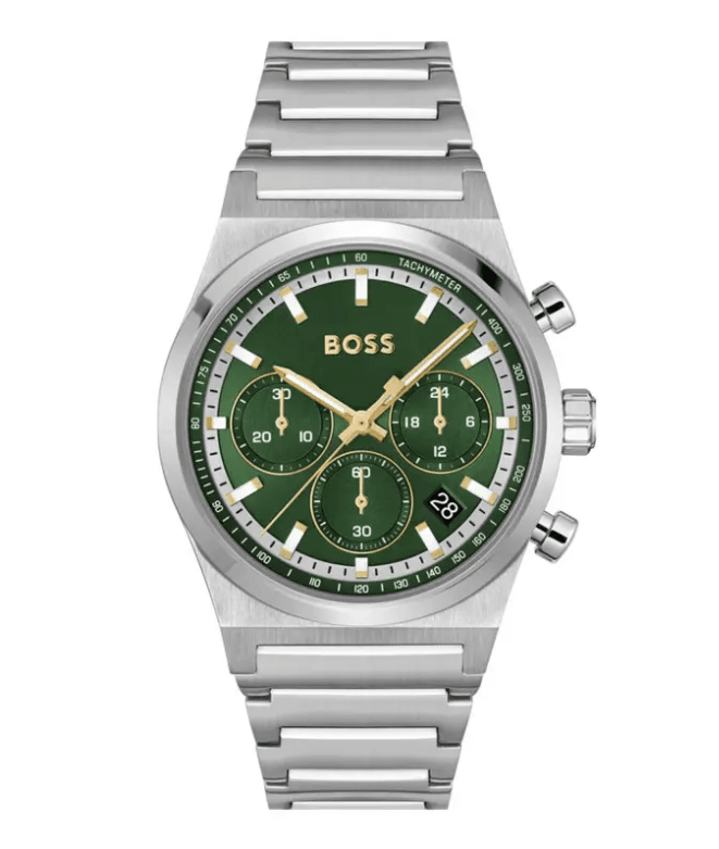 montre-hugo-boss-1514220-vert-face Montre Hugo Boss 1514220 vert avec détails dorés pour homme au Maroc.