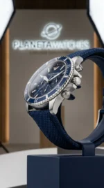 Vue de profil de la montre Emporio Armani AR11588 montrant l'épaisseur du boîtier acier 43 mm et la couronne