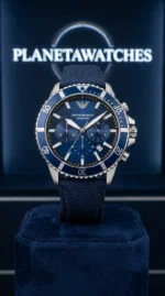Montre homme Emporio Armani AR11588 chronographe cadran bleu et boîtier acier argenté 43 mm disponible au Maroc sur planetawatches