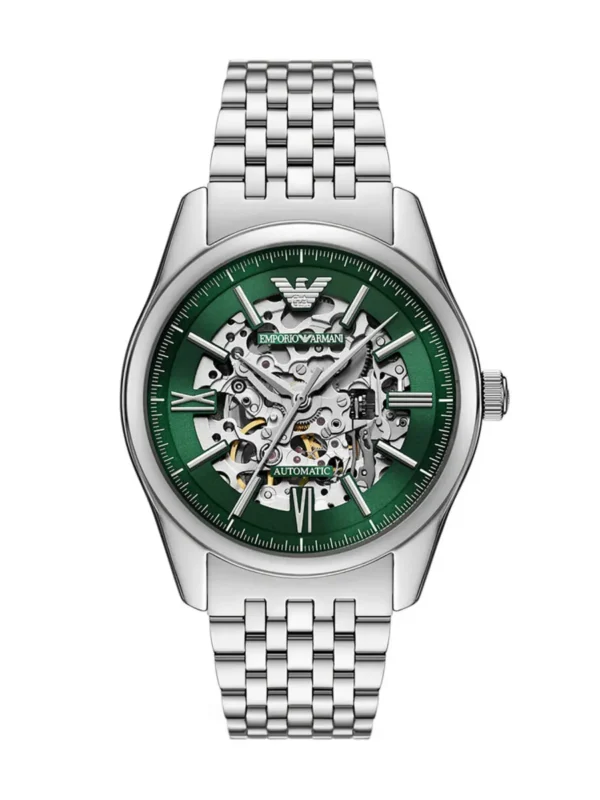 Montre homme Emporio Armani AR60091 Antonio automatique avec cadran vert skeleton et bracelet acier argenté