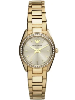 emporio armani ar6031 montre femme cadran gris cristaux bracelet dore face