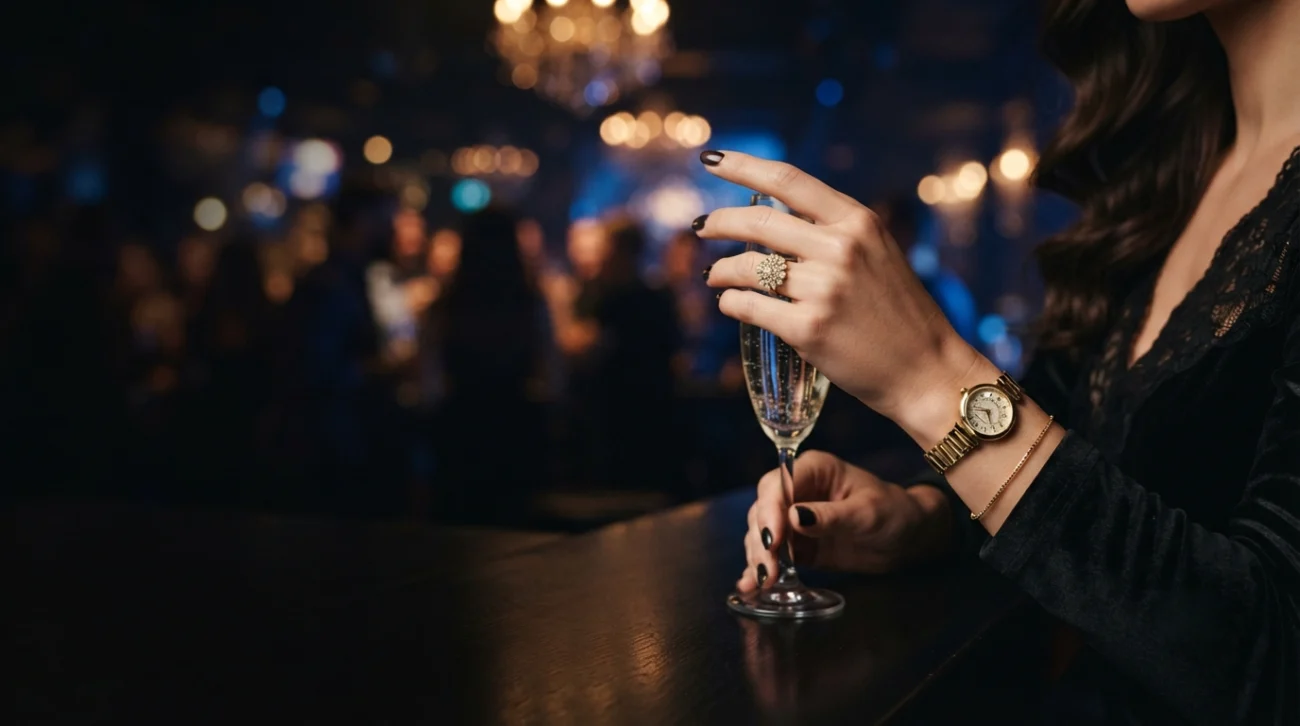 Femme portant une tenue de soirée avec une montre dorée et une bague dans une boîte de nuit