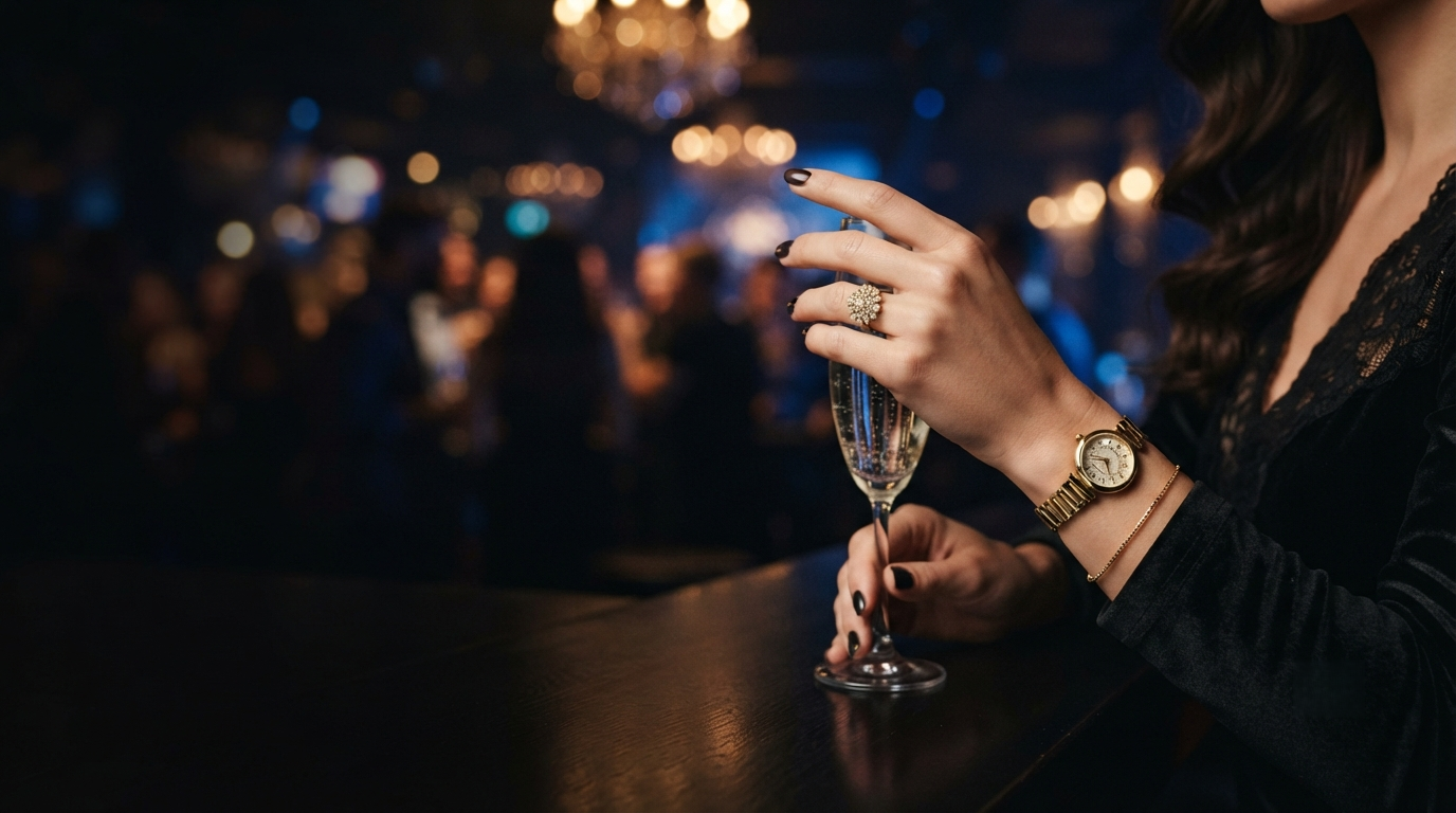Les meilleurs styles de montres femme pour les soirées et les boîtes de nuit Femme portant une tenue de soirée avec une montre dorée et une bague dans une boîte de nuit