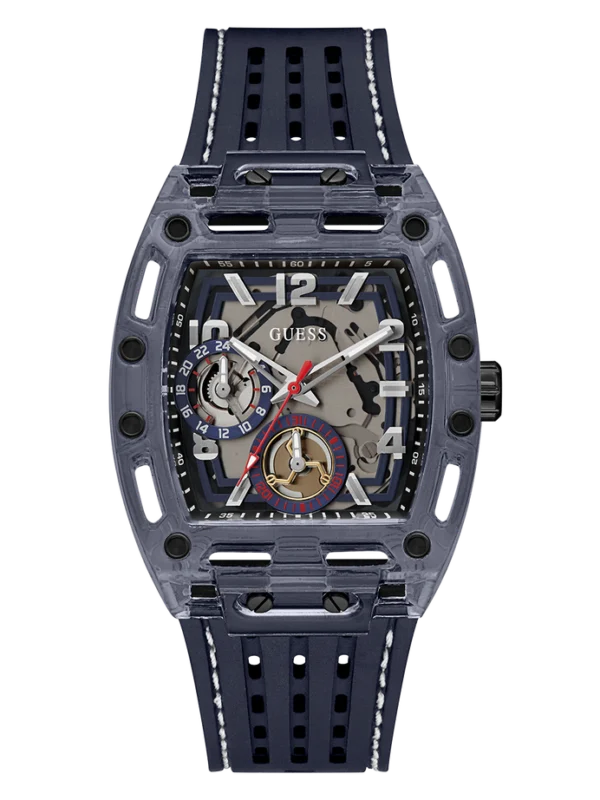 Montre homme GUESS GW0499G1 Phoenix navy avec cadran skeleton et bracelet silicone bleu marine