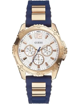 Montre femme GUESS W0325L8 Intrepid 2 en promo à cadran blanc, bracelet silicone bleu et boîtier rose gold