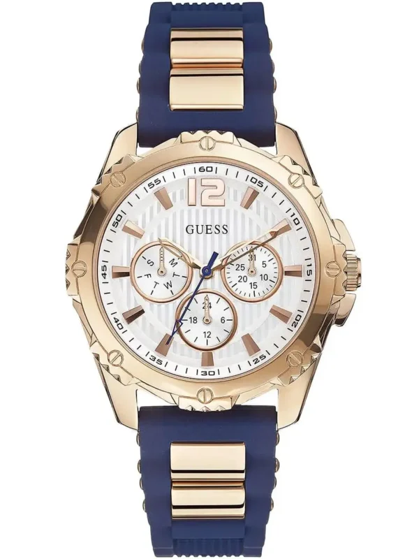 Montre femme GUESS W0325L8 Intrepid 2 en promo à cadran blanc, bracelet silicone bleu et boîtier rose gold