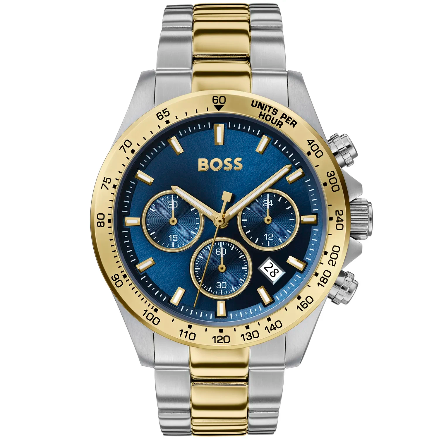 hugo-boss-1513767-hero-cadran-bleu-chronographe Montre homme Hugo Boss 1513767 avec cadran bleu, compteurs chronographe et bracelet acier